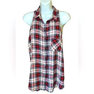 🇺🇸POLY & ESTER🇺🇸 SLEEVELESS PLAID COLLARED BUTTON FRONT POCKET ROCKABILLY TOP